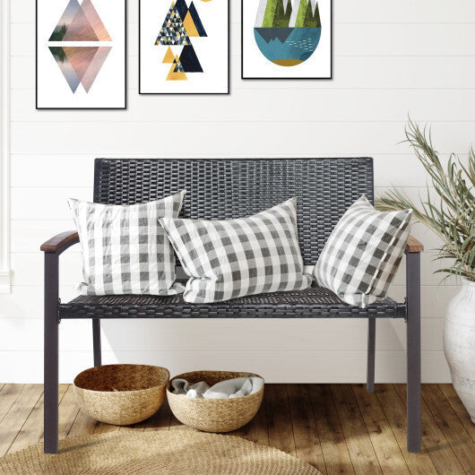 Outdoor Patio Rattan Wicker Bench with Armrest for Garden - Color: Black LuxuryLifeWay Online Store