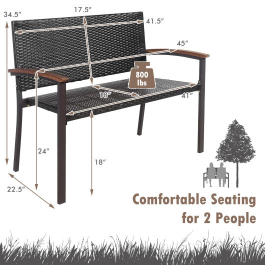 Outdoor Patio Rattan Wicker Bench with Armrest for Garden - Color: Black LuxuryLifeWay Online Store