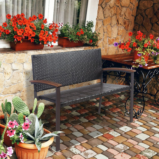 Outdoor Patio Rattan Wicker Bench with Armrest for Garden - Color: Black LuxuryLifeWay Online Store