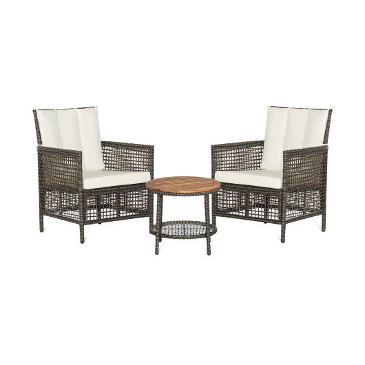 3 Pieces Patio Rattan Furniture Set with Cushioned Sofas and Wood Table Top-White LuxuryLifeWay Online Store