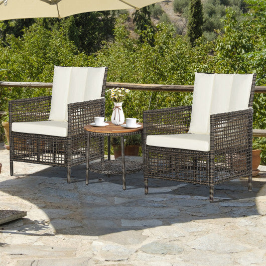 3 Pieces Patio Rattan Furniture Set with Cushioned Sofas and Wood Table Top-White LuxuryLifeWay Online Store