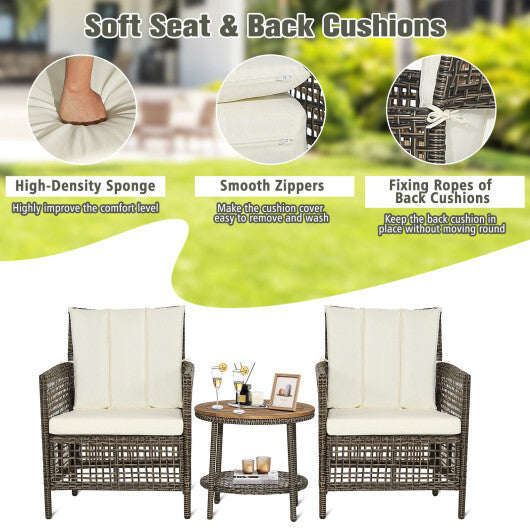 3 Pieces Patio Rattan Furniture Set with Cushioned Sofas and Wood Table Top-White LuxuryLifeWay Online Store