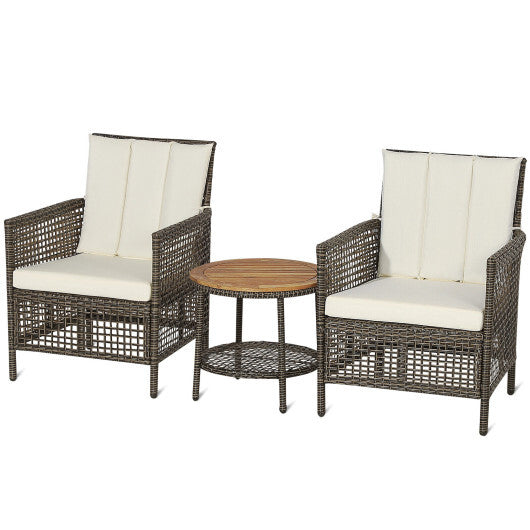 3 Pieces Patio Rattan Furniture Set with Cushioned Sofas and Wood Table Top-White LuxuryLifeWay Online Store