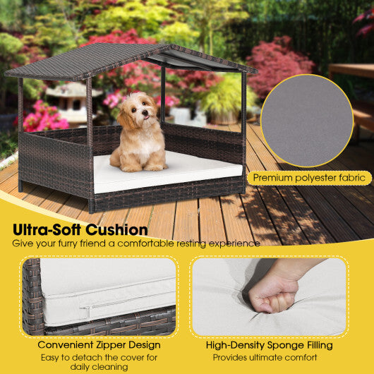 Outdoor Wicker Dog House with Weatherproof Roof-Gray