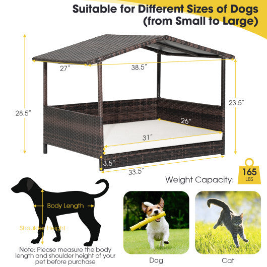 Outdoor Wicker Dog House with Weatherproof Roof-Gray