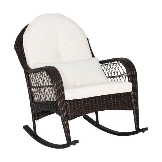 Patio Rattan Rocking Chair with Seat Back Cushions and Waist Pillow-White LuxuryLifeWay Online Store