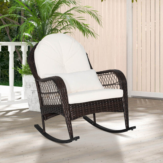 Patio Rattan Rocking Chair with Seat Back Cushions and Waist Pillow-White LuxuryLifeWay Online Store