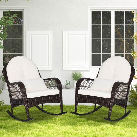 Patio Rattan Rocking Chair with Seat Back Cushions and Waist Pillow-White LuxuryLifeWay Online Store