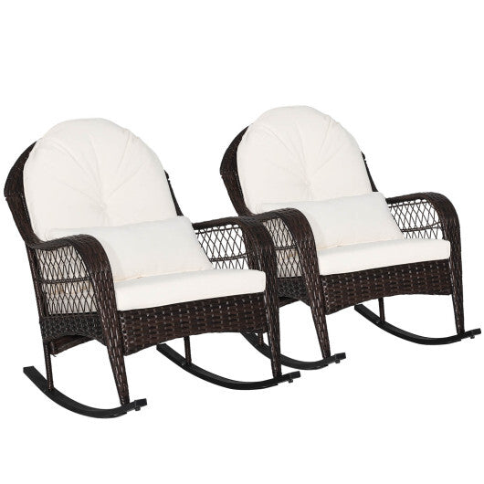 Patio Rattan Rocking Chair with Seat Back Cushions and Waist Pillow-White LuxuryLifeWay Online Store
