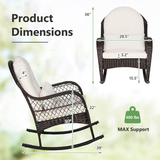 Patio Rattan Rocking Chair with Seat Back Cushions and Waist Pillow-White LuxuryLifeWay Online Store