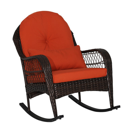 Patio Rattan Rocking Chair with Seat Back Cushions and Waist Pillow-White LuxuryLifeWay Online Store