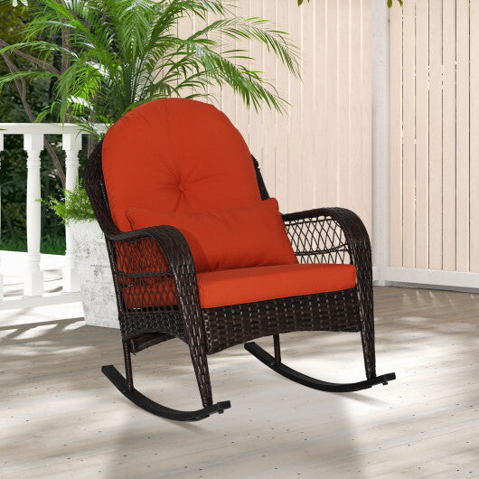 Patio Rattan Rocking Chair with Seat Back Cushions and Waist Pillow-White LuxuryLifeWay Online Store