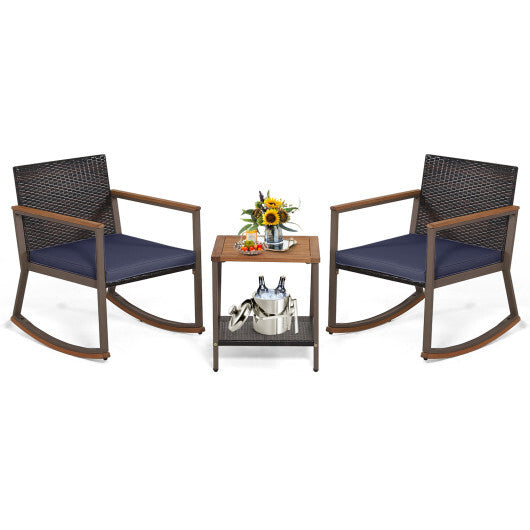 3 Pieces Rattan Rocking Bistro Set with Coffee Table and Cushions-Navy - Color: Navy LuxuryLifeWay Online Store