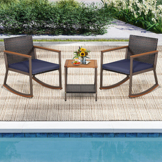 3 Pieces Rattan Rocking Bistro Set with Coffee Table and Cushions-Navy - Color: Navy LuxuryLifeWay Online Store