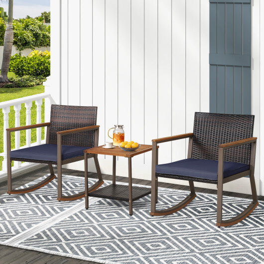 3 Pieces Rattan Rocking Bistro Set with Coffee Table and Cushions-Navy - Color: Navy LuxuryLifeWay Online Store