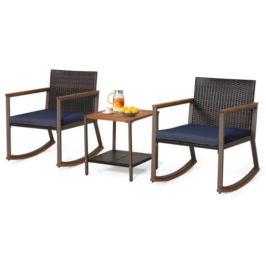 3 Pieces Rattan Rocking Bistro Set with Coffee Table and Cushions-Navy - Color: Navy LuxuryLifeWay Online Store