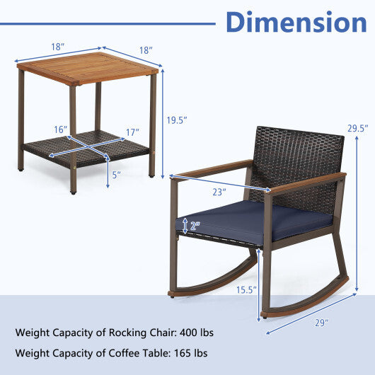3 Pieces Rattan Rocking Bistro Set with Coffee Table and Cushions-Navy - Color: Navy LuxuryLifeWay Online Store