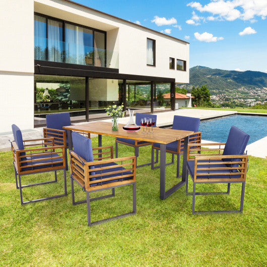 7 Pieces Patio Acacia Wood Dining Chair and Table Set for Backyard and Poolside-Navy LuxuryLifeWay Online Store