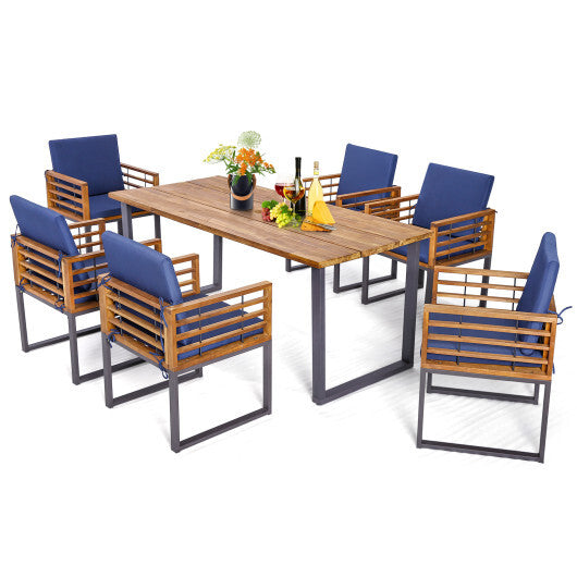 7 Pieces Patio Acacia Wood Dining Chair and Table Set for Backyard and Poolside-Navy LuxuryLifeWay Online Store