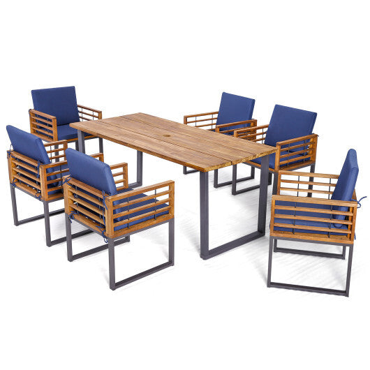 7 Pieces Patio Acacia Wood Dining Chair and Table Set for Backyard and Poolside-Navy LuxuryLifeWay Online Store