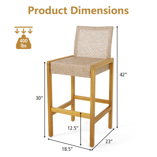 Set of 2 Rattan Patio Wood Barstools Dining Chairs with Backrest-Set of 2 LuxuryLifeWay Online Store