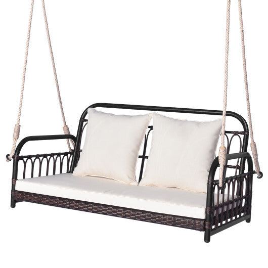 880LBS Wicker Hanging Porch Swing with Cushions-White LuxuryLifeWay Online Store