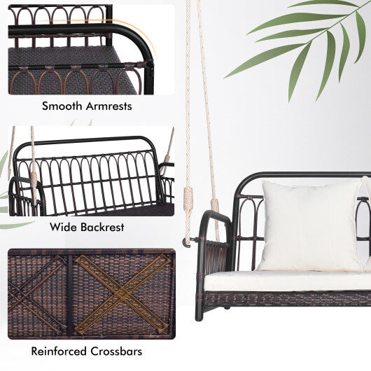 880LBS Wicker Hanging Porch Swing with Cushions-White LuxuryLifeWay Online Store