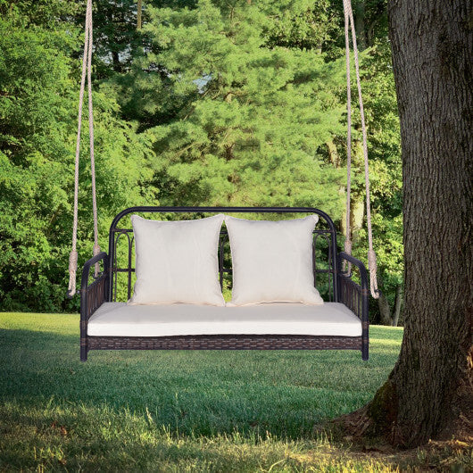 880LBS Wicker Hanging Porch Swing with Cushions-White LuxuryLifeWay Online Store