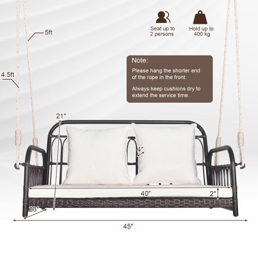 880LBS Wicker Hanging Porch Swing with Cushions-White LuxuryLifeWay Online Store