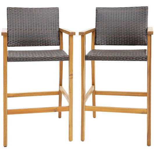 Set of 2 PE Wicker Patio Bar Chairs with Acacia Wood Armrests-Set of 2 LuxuryLifeWay Online Store