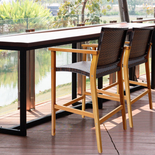 Set of 2 PE Wicker Patio Bar Chairs with Acacia Wood Armrests-Set of 2 LuxuryLifeWay Online Store