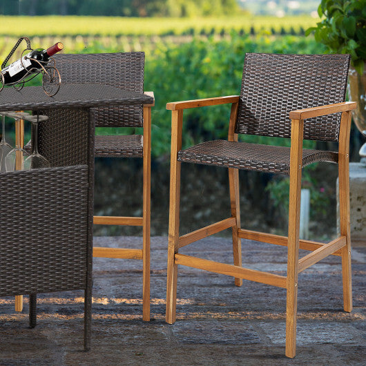 Set of 2 PE Wicker Patio Bar Chairs with Acacia Wood Armrests-Set of 2 LuxuryLifeWay Online Store