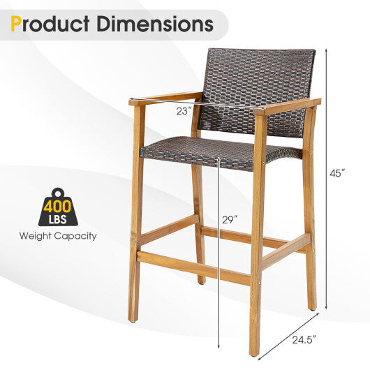 Set of 2 PE Wicker Patio Bar Chairs with Acacia Wood Armrests-Set of 2 LuxuryLifeWay Online Store