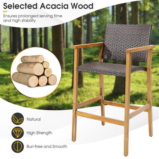 Set of 2 PE Wicker Patio Bar Chairs with Acacia Wood Armrests-Set of 2 LuxuryLifeWay Online Store