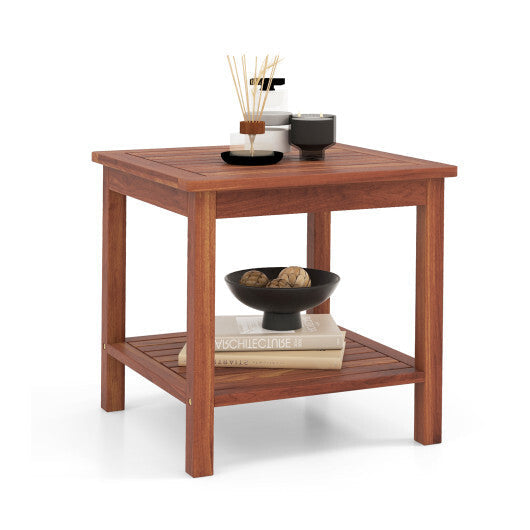 Double-Tier Acacia Wood Patio Side Table with Slatted Tabletop and Shelf LuxuryLifeWay Online Store