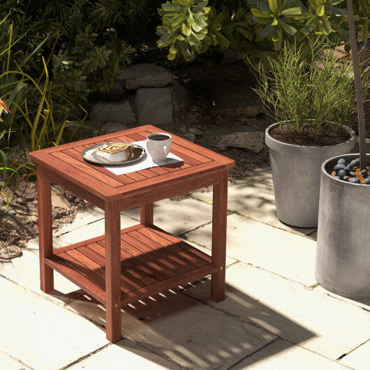 Double-Tier Acacia Wood Patio Side Table with Slatted Tabletop and Shelf LuxuryLifeWay Online Store