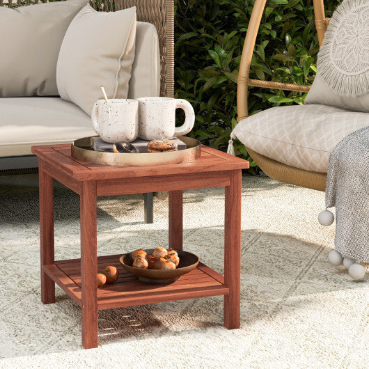 Double-Tier Acacia Wood Patio Side Table with Slatted Tabletop and Shelf LuxuryLifeWay Online Store