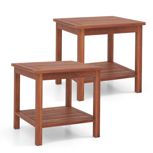Double-Tier Acacia Wood Patio Side Table with Slatted Tabletop and Shelf LuxuryLifeWay Online Store