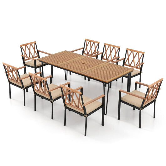 9-Piece Patio Dining Set 35.5 Inch Acacia Wood Table with Umbrella Hole and 22.5-Inch Wide Chairs LuxuryLifeWay Online Store