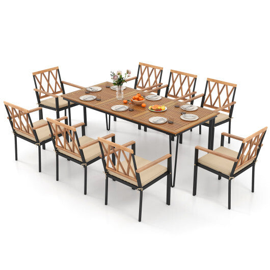 9-Piece Patio Dining Set 35.5 Inch Acacia Wood Table with Umbrella Hole and 22.5-Inch Wide Chairs LuxuryLifeWay Online Store