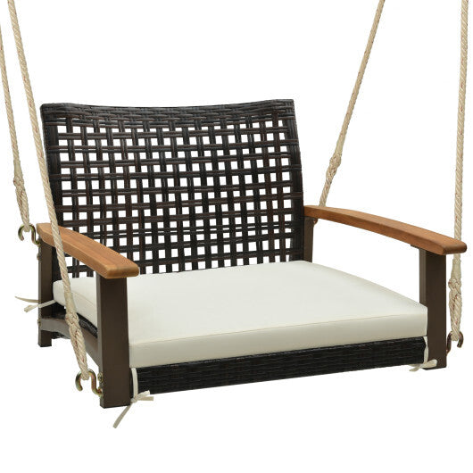 Single Rattan Porch Swing with Armrests Cushion and Hanging Ropes-White LuxuryLifeWay Online Store