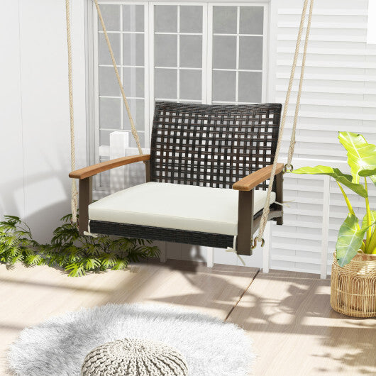 Single Rattan Porch Swing with Armrests Cushion and Hanging Ropes-White LuxuryLifeWay Online Store