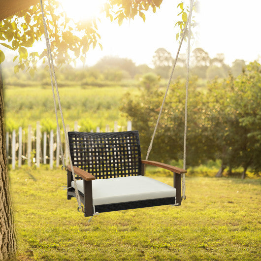 Single Rattan Porch Swing with Armrests Cushion and Hanging Ropes-White LuxuryLifeWay Online Store