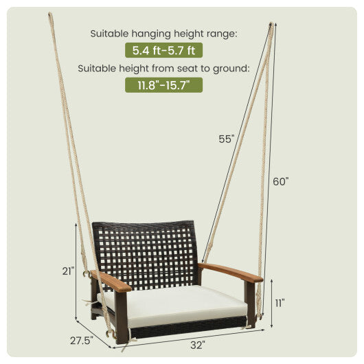 Single Rattan Porch Swing with Armrests Cushion and Hanging Ropes-White LuxuryLifeWay Online Store