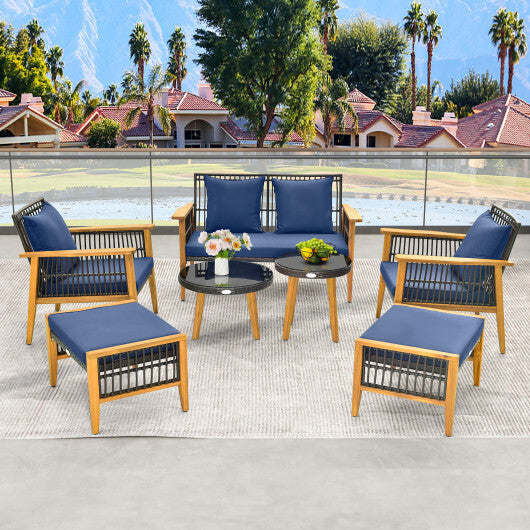 7 Piece Outdoor Conversation Set with Stable Acacia Wood Frame Cozy Seat & Back Cushions-Navy LuxuryLifeWay Online Store