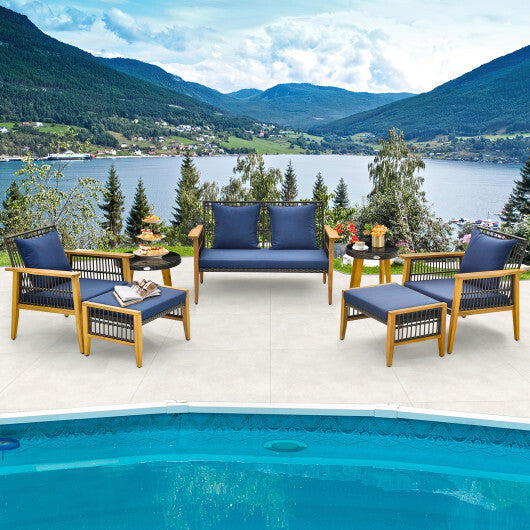 7 Piece Outdoor Conversation Set with Stable Acacia Wood Frame Cozy Seat & Back Cushions-Navy LuxuryLifeWay Online Store