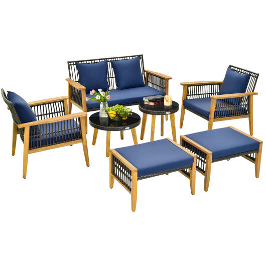 7 Piece Outdoor Conversation Set with Stable Acacia Wood Frame Cozy Seat & Back Cushions-Navy LuxuryLifeWay Online Store