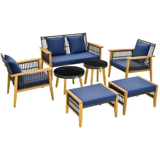 7 Piece Outdoor Conversation Set with Stable Acacia Wood Frame Cozy Seat & Back Cushions-Navy LuxuryLifeWay Online Store