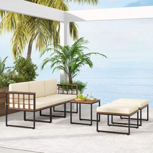 6 Pieces Acacia Wood Patio Furniture Set with Coffee Table and Ottomans-Beige LuxuryLifeWay Online Store
