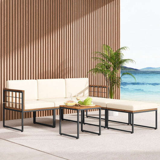 6 Pieces Acacia Wood Patio Furniture Set with Coffee Table and Ottomans-Beige LuxuryLifeWay Online Store